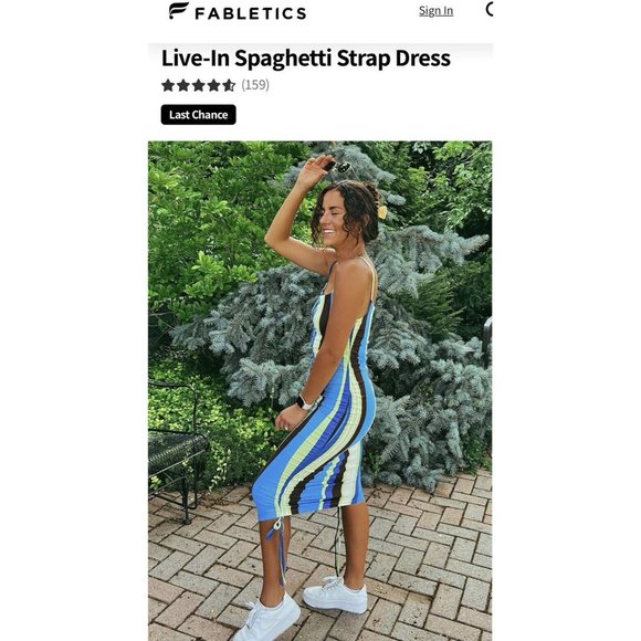 Fabletics Live-In Spaghetti Strap Dress Size Medium Wavy Stripe Blue Midi Fitted - Picture 3 of 15